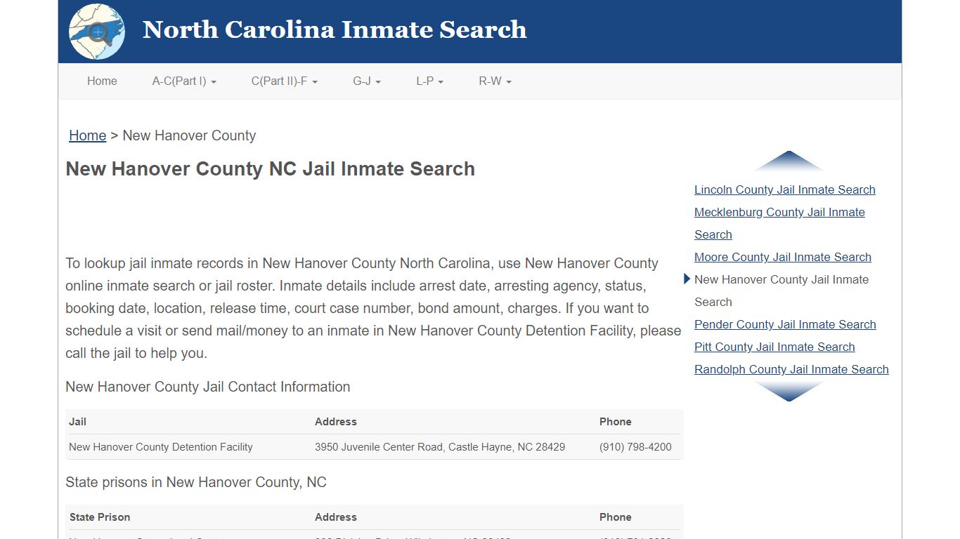 New Hanover County NC Jail Inmate Search